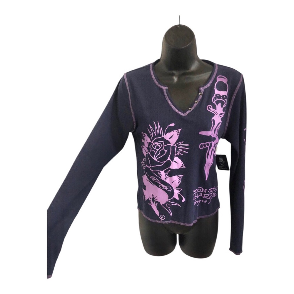 Ed Hardy purple pink graphic print thermal knit v-neck tshirt top size XL new‎